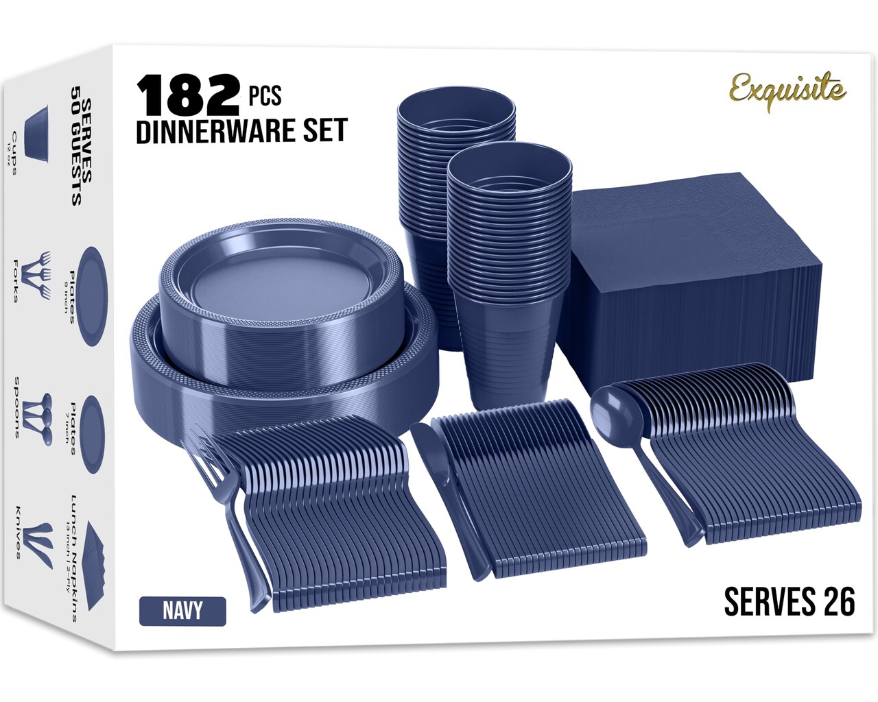 Exquisite 182 Pcs Plastic Plates for Party – Disposable Plates Set – 26 Each of 9" Dinner Plates, 7" Dessert Plates, Plastic Cups, Napkins & Plastic Cutlery – Plastic Dinnerware by Party Solids